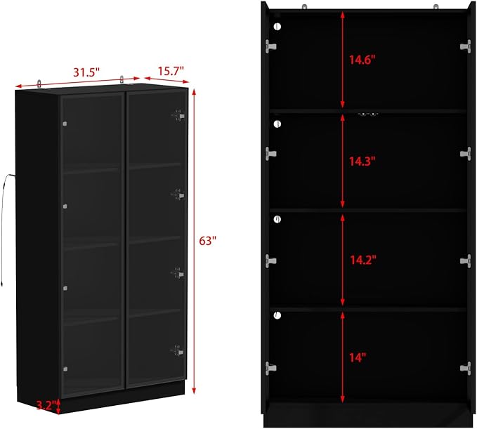 FAMAPY Display Cabinet with Lights, Glass Cabinet with Doors and 4 Tier Shelves, Bookcase Display Case for Collectible, Living Room Office, Black 31.5”W x 15.7”D x 63”H