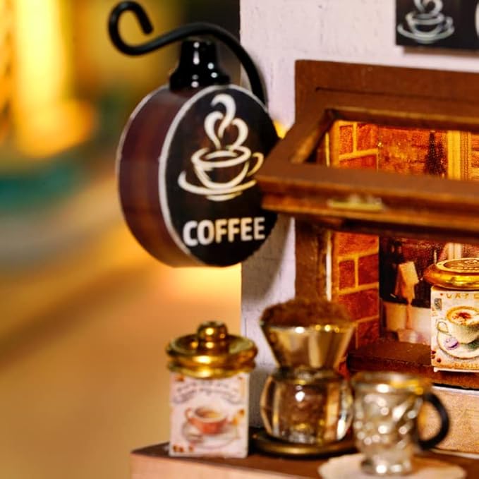 CRIOLPO DIY Doll House Miniature Kit, Handmade 3D Miniature Doll House with Furniture, Inventive Room DIY Dolls House, for Home DéCor - Coffee Time