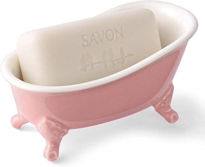 NEWHENGS 6.1" Vintage Ceramic Mini Decorative Clawfoot Bathtub Bar Soap Dish, Kitchen Sponge Holder and Shower Tray for Bathroom, 1 Pack (Rose)
