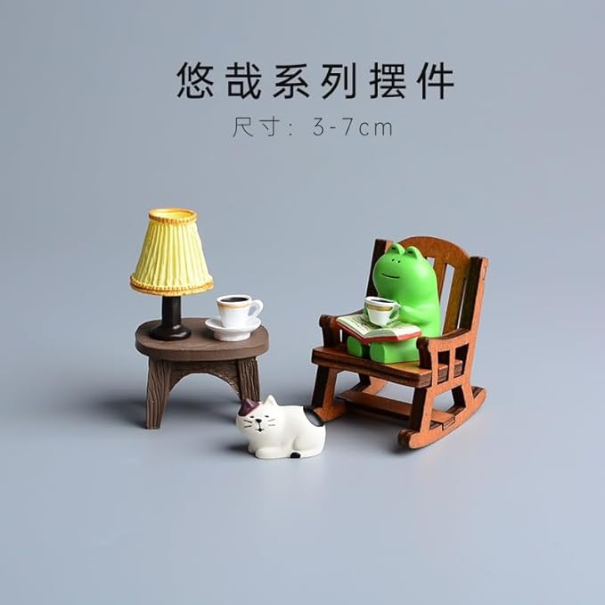 Miniature Frog Figurine Statue, Help Relax Enjoying Tea Time Mini Frog Cat Collection Desk Ofiice Bedroom Decor, Healing Heart Good Mood Indoor Home Decorations with Gift Box -Cat Company
