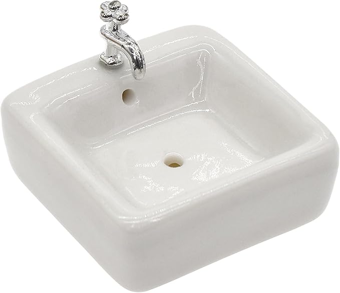 1:12 Scale Ceramic Sink with Removable Faucet - Miniature Dollhouse Bathroom and Kitchen Accessories for Victorian Style Decor, Realistic Doll House Furniture (Durable Resin Basin Set)
