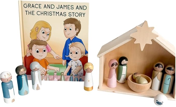 Elly and Grace Wooden Nativity Set with Manger and Book, Christmas Decoration and Book for The Holiday Season,Christmas Nativity Set