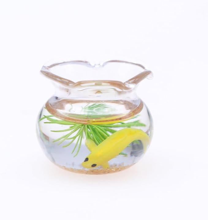 1Pcs Multicolour Mini Round Fish Tank Realistic Glass Decor for Dollhouse Display Captivating Miniature for Crafts Ornaments Handmade Landscape,Miniature Goldfish Bowls,Dollhouse Accessories(Yellow)
