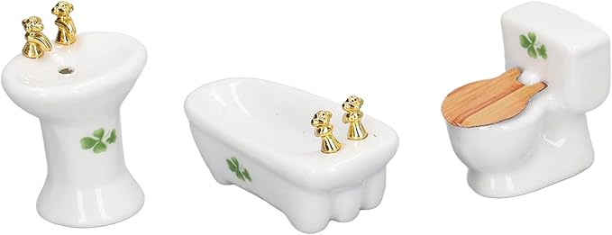 1:24 Dollhouse Miniature Bathroom Set, Ceramic Simulation Bathtub Toilet Sink, Miniature Furniture, Mini Ceramic Bathroom Furniture Set for Dollhouse Restroom Decoration (Grass Pattern)