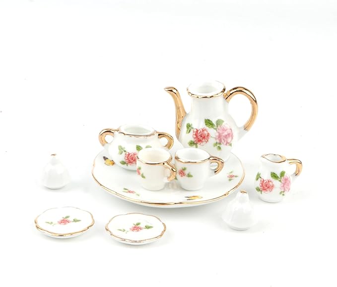Dollhouse 1:6 Porcelain Tea Cup Sets 8 Pcs Set Miniature Ceramics Dollhouse Accessories Flower Pattern Teapot Platter Dish Sets Dollhouse Kitchen Supplies Decoration (Butterfly)