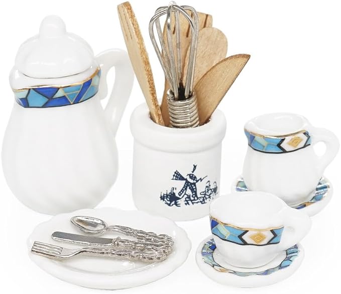 Odoria 1/12 Miniature Porcelain Tea Set Plates and Silverware Kitchen Utensils Dollhouse Accessories, Mediterranean Blue