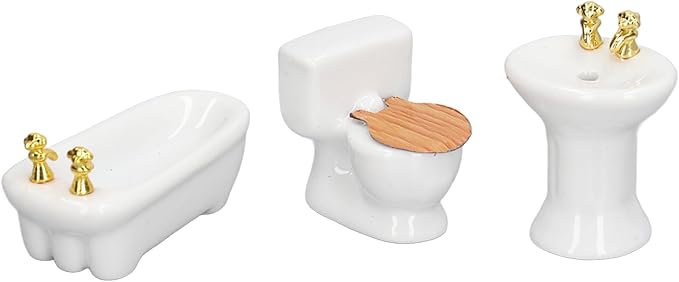 shenruifa 3Pcs Dollhouse Miniature Bathroom Set, 1:24 Ceramic Simulation Bathtub Toilet Sink Dollhouse Bathroom Furniture (Pure White)