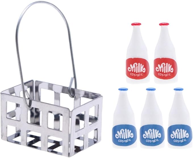 Amosfun Mini Milk Bottles Dollhouse Decoration Set 1:12 Scale Miniature Food Play Scene Layout Decoration - 5pcs Bottles and 1pcs Basket