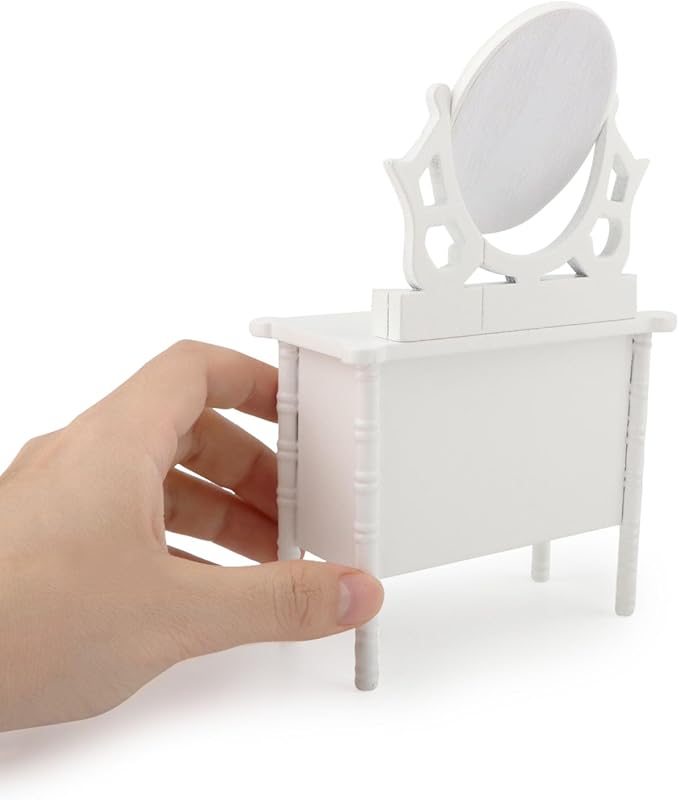 Miniature Dollhouse Vanity Table 1 12 Furniture Makeup Dressing Table with Mirror and 4 Drawers Mini House Accessories Bedroom Living Room Scene Decoration (White)