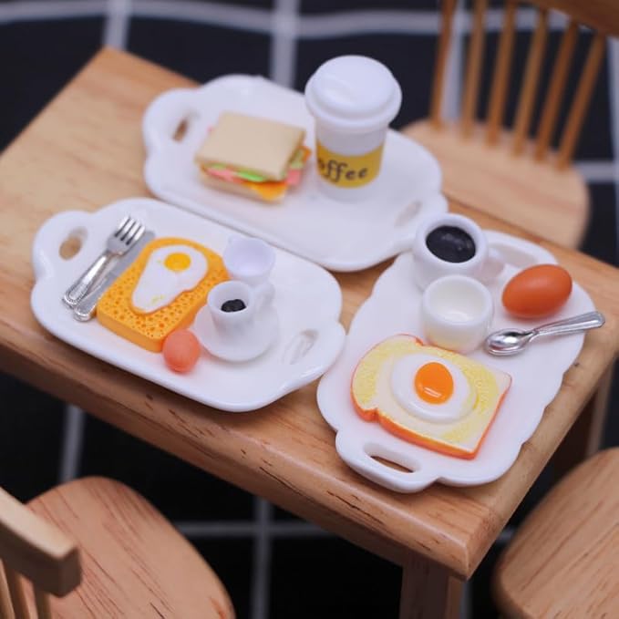 7 Pieces 1:12 Scale Miniature Breakfast Set – Dollhouse Kitchen Accessories, Includes Tray, Spoon, Cup, Coffee, Eggs, Bread, and Other Decorative Items Miniature Scenes for DIY Craft Projects