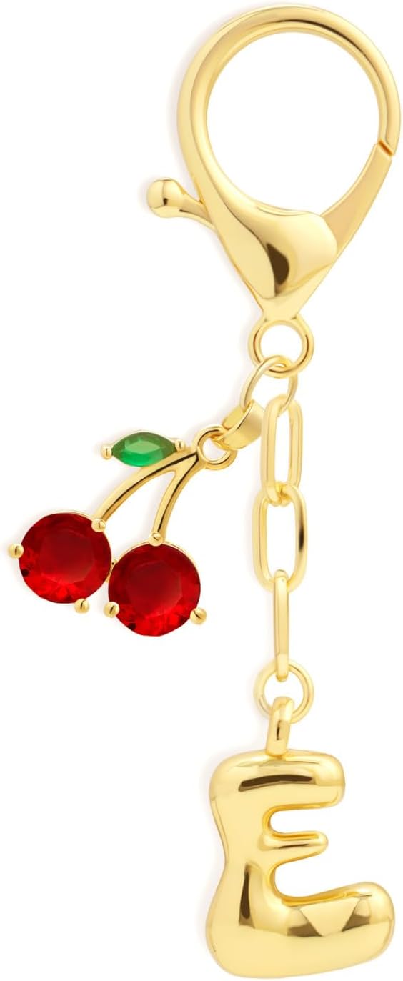 Fohufo Initial Keychains for Women - Cute Cherry Bag Charms Purse, 14K Gold Plated Keychain Accessories, Birthday Gifts