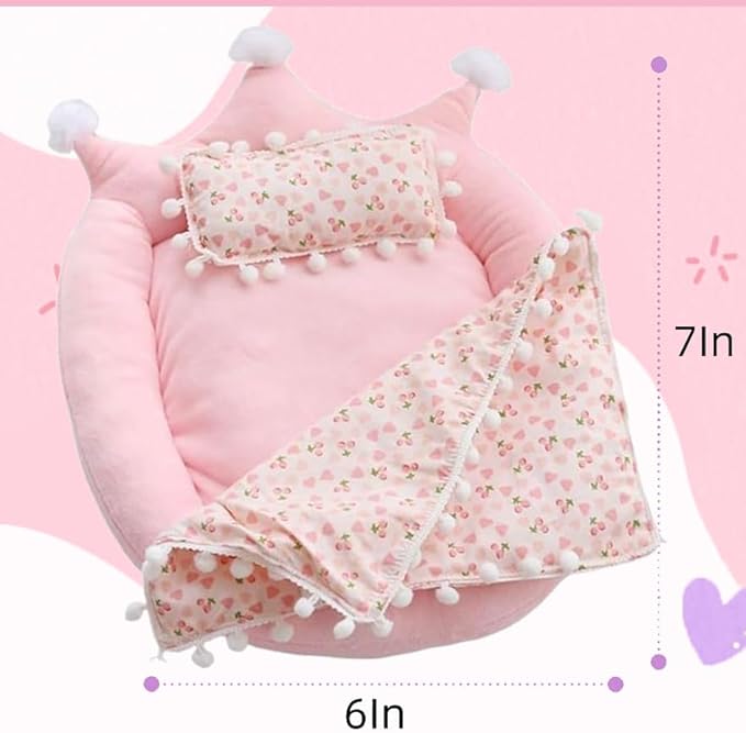 Mini Bed for Labubu Sofa, Doll House Furniture for Labubu Bedroom, Cute Doll Bed with Pillow and Blanket for 17cm Doll, Dollhouse Accessories for Labubu Decor or Collectors (Cherry)