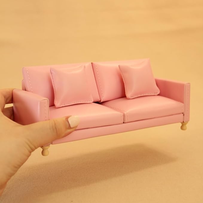 Miniature Dollhouse Leather Couch 1:12 PU Sofa Furniture Set with Cushions – Fit 1/12 Scale Accessories for Doll House Décor and 3 to 6 inches Doll Figure (Pink)
