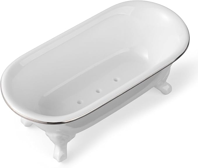 NEWHENGS 6.5" Ceramic Mini Decorative Clawfoot Bathtub Bar Soap Dish, Kitchen Sponge Holder and Shower Tray for Bathroom, 1 Pack (White Silver Rim)