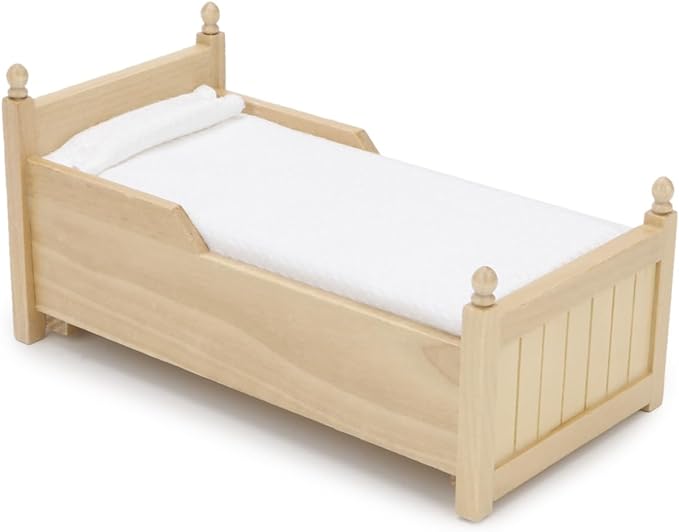 Dollhouse Miniature Bed with Drawer 1:12 Wooden Furniture European Bedroom Bedding Furniture Accessories with Pillow & Mattresses Vintage Floral Fabric Mini House Decoration (Woody)