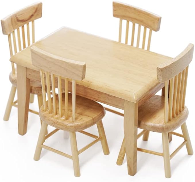 Odoria 1/12 Miniature Dining Table and Chairs Dollhouse Kitchen Furniture Accessories, Burlywood