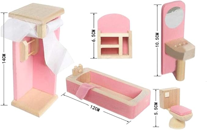 KunHe Wooden Dollhouse Furniture Set Including Kitchen Bathroom Bedroom Kid Room for Dollhouse Pink Color
