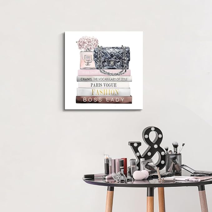 Dream Land Fashion Books Perfume Canvas Art: Trendy Book Stack Wall Painting Glam Pink Prints for Girls Bedroom