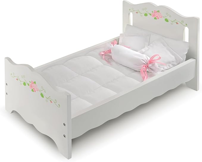 African Adventure Doll Bed with Bedding & Personalization Kit - White Rose - 22" L x 11.25" W x 10.25" H - for Dolls Up to 20", Includes Four Pillows