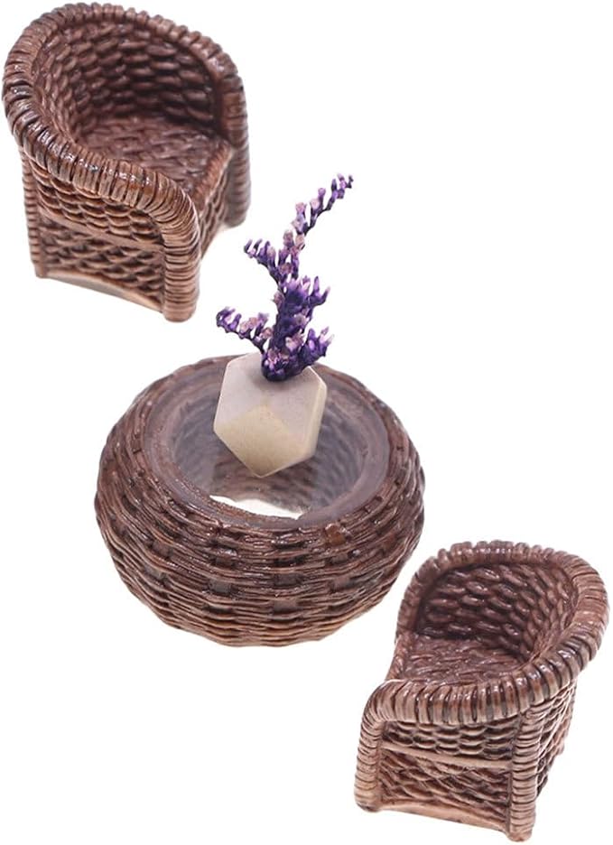 DOITOOL Miniature Table and Chairs Set: 1:12 Scale Miniature Dollhouse Accessories Mini Rattan Table and Chairs Dollhouse Furniture for Fairy Garden Micro Landscape Decoration