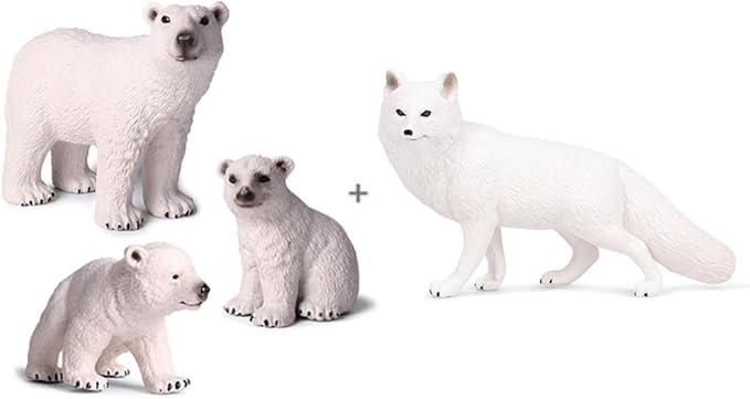 EOIVSH 4PCS Polar Animal Toys, Realistic Arctic Animals Figurines Set with Polar Bears & Arctic Fox, Plastic Winter Animal Figures for Cake Topper Birthday Gift Party Favor