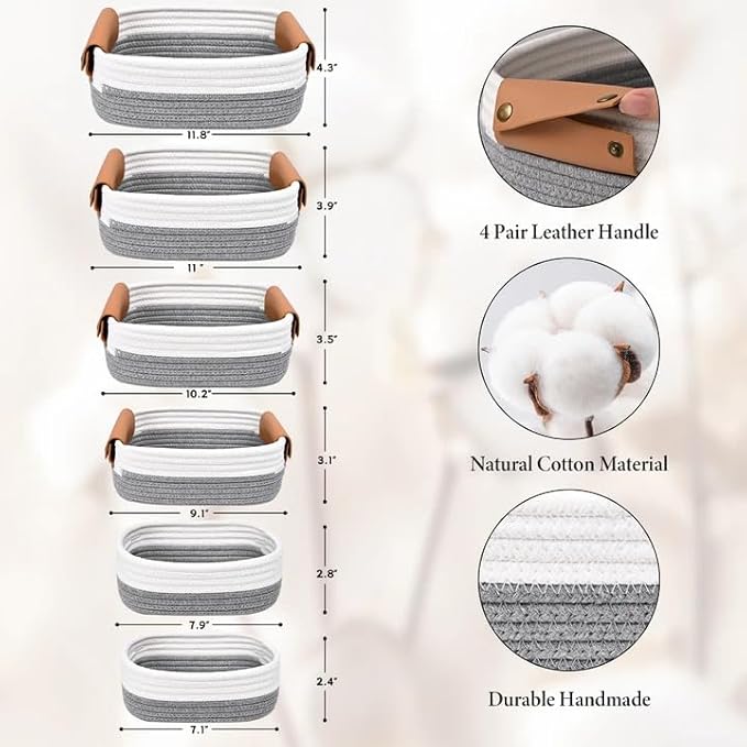 Storage Baskets for Organizing, Small Woven Basket Set of 6 - 4 Shelf Basket with Leather Handle and 2 Small Gift Baskets, Cotton Rope Basket for Shelves, Nursery, Dog Toy, Bathroom