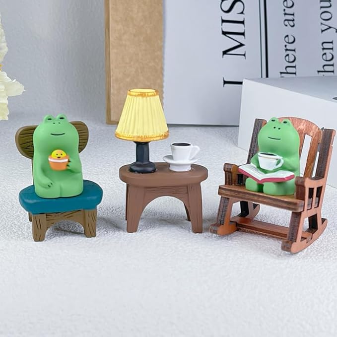 Miniature Frog Figurine Statue, Help Relax Enjoying Tea Time Mini Frog Cat Collection Desk Ofiice Bedroom Decor, Healing Heart Good Mood Indoor Home Decorations with Gift Box -Wood Chair Tea Time