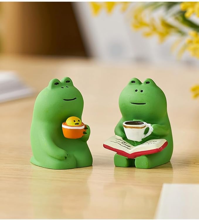 Miniature Frog Figurine Statue, Help Relax Enjoying Tea Time Mini Frog Cat Collection Desk Ofiice Bedroom Decor, Healing Heart Good Mood Indoor Home Decorations with Gift Box -Happy Chatting
