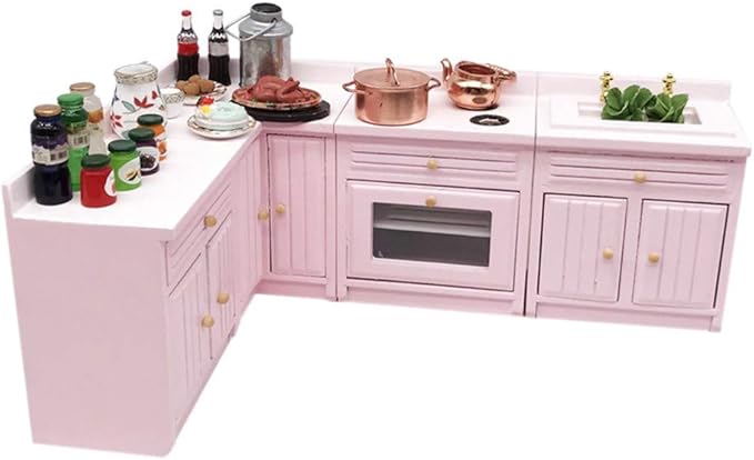 SXFSE Dollhouse Decoration Accessories,1:12 Dollhouse Miniature Furniture Wooden Kitchen Cabinet Set Freely Combined (Pink)