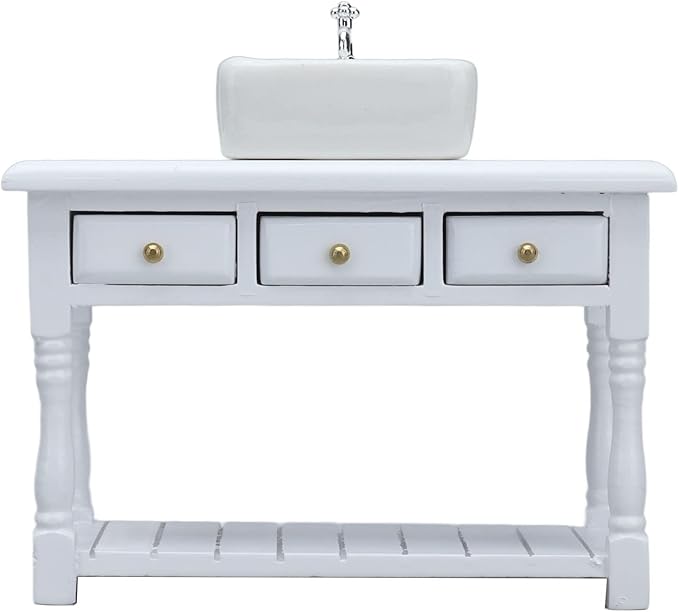 NOENNULL Dollhouse Bathroom Set 1:12 Scale Miniature - White Porcelain Sink Vanity with Mirror, Toilet & Bathtub Accessories for Doll House, DIY Crafts, Model Home