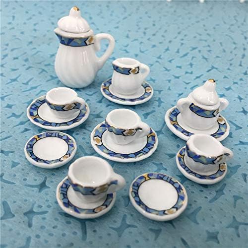 Dollhouse Decoration Accessories, 1:12 Dollhouse Miniature 15 Pcs Porcelain Tea Sets Mini Food Toy Model (B)