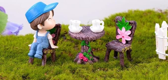 3 Pcs Miniature Round Table and Chairs Set - Outdoor Pastoral Style Fairy Garden Furniture Ornaments, Vintage Resin Bench & Chair Kit for Dollhouse Accessories, Micro Landscape & Home Decorations