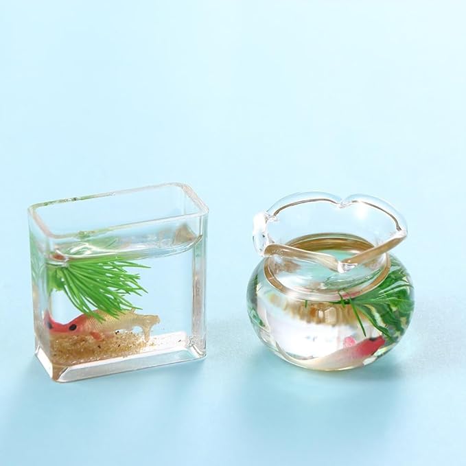 2Pcs Miniature Fish Bowl, 1: 12 Dollhouse Miniature Glass Goldfish Tank Desktop Dollhouse Ornaments for Garden Scene Decor Accessories