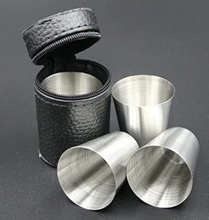 Billion Deals Shot Glasses Stainless Steel 4 Piece 1 Ounce Vessel Mini Portable Wine Travel Camping Drinking Mug Coffee Beer Cup with 1 Black Leather Case