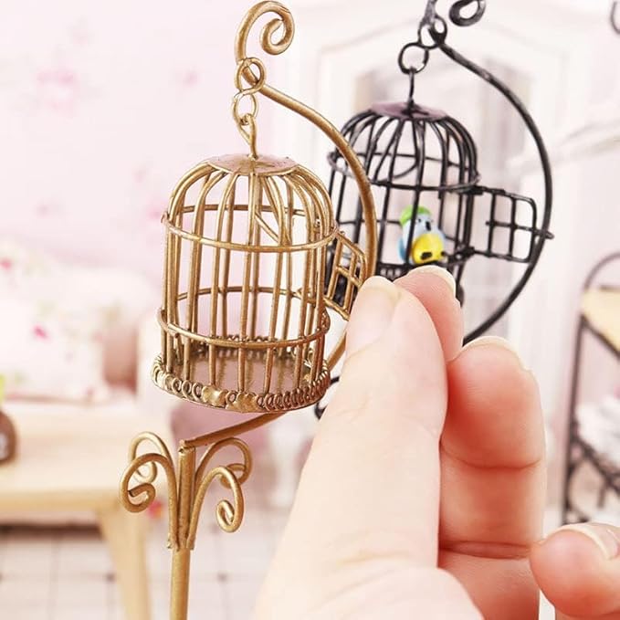 Dollhouse Birdcage 1:12 Scale Accessories Miniature Bird Cage Floor Stand Openable Cage Alloy Birdcage Model Mini House Decoration Ornament (Black)