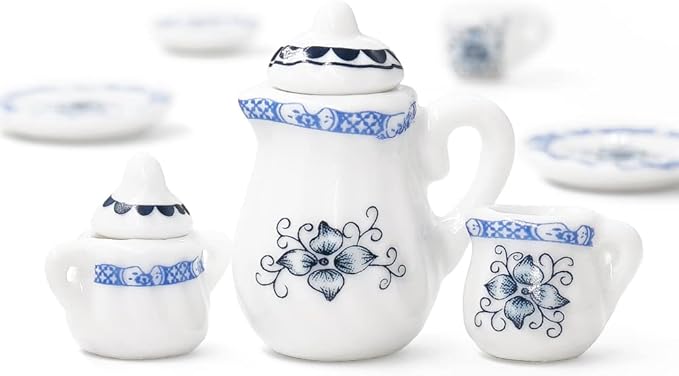 Odoria 1/12 Miniature Porcelain Tea Set 15Pcs Dollhouse Decoration Accessories, Blue Petals