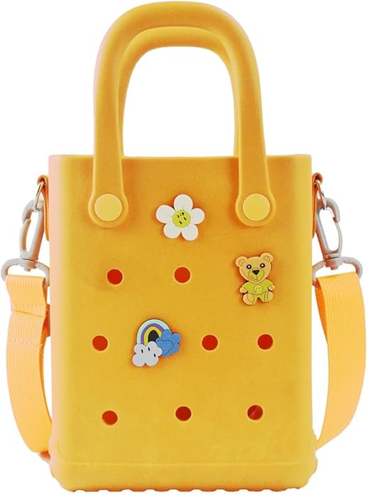 Mini Rubber Beach Bag with Strap & Charms, Waterproof EVA Beach Bag for Girls, Small Rubber Tote Bag for Women