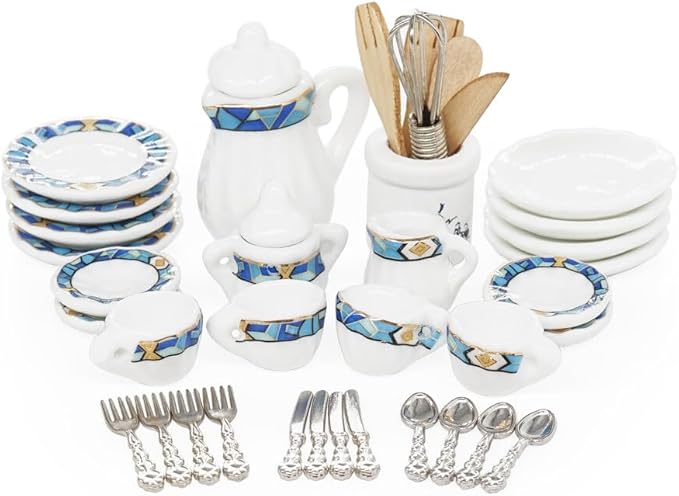 Odoria 1/12 Miniature Porcelain Tea Set Plates and Silverware Kitchen Utensils Dollhouse Accessories, Mediterranean Blue