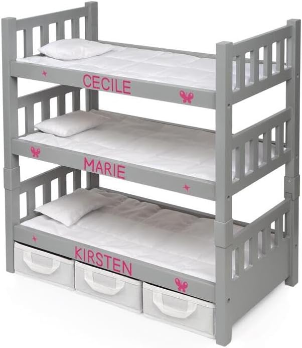 Convertible Doll Bunk Bed - 1-2-3 Stackable Design with Baskets & Personalization Kit