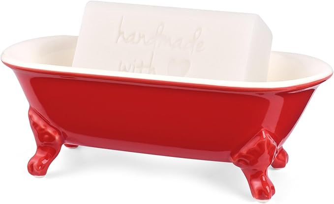NEWHENGS 6.5" Ceramic Mini Decorative Clawfoot Bathtub Bar Soap Dish, Kitchen Sponge Holder and Shower Tray for Bathroom, 1 Pack(Chili)