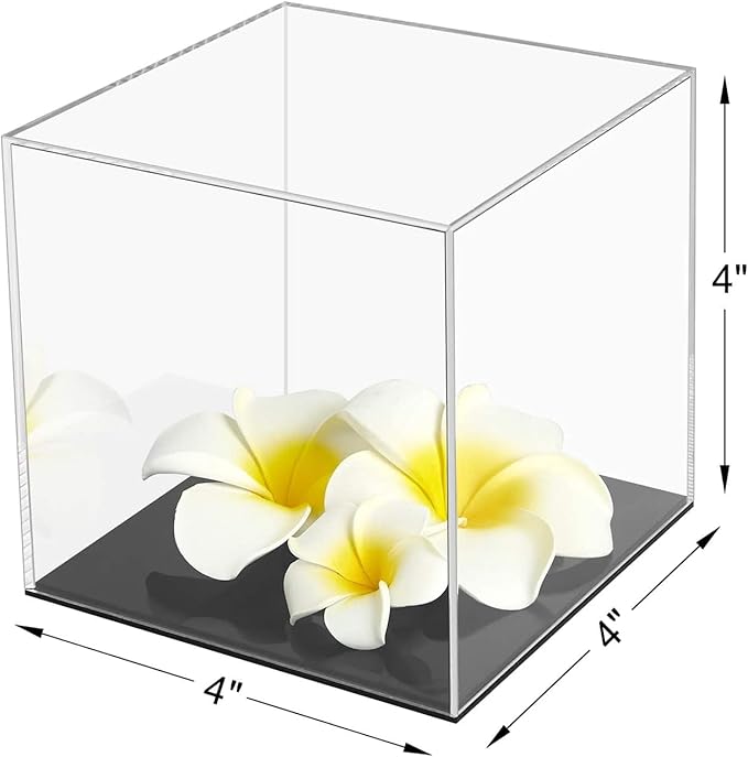 Cliselda Acrylic Display Case with Black Base 4x4x4 inch, Clear Square Acrylic Box Cube Small Storage Containers, Fully Assembled Dustproof Plastic Display Box for Collectibles Action Figures