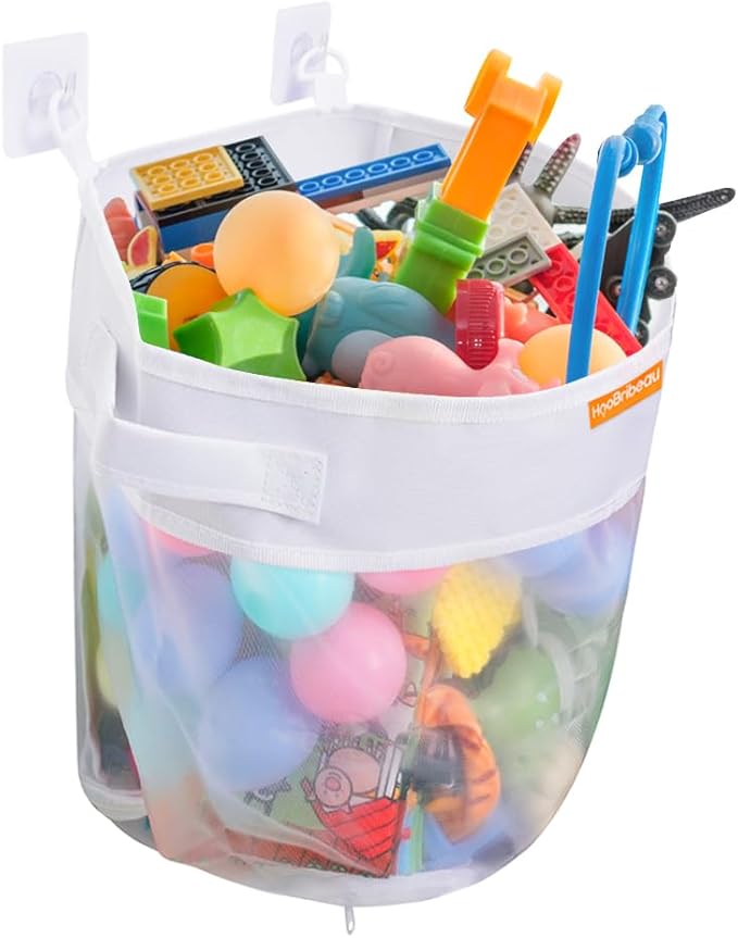 HooBribeau Bath Toy Organizer – Large Capacity Mesh Storage with Wide Opening, Quick Release Bottom Zipper, Wall-Mounted & Foldable, Quick Dry Baby Bathtub Toy Holder, Multi-Use Bathroom Organizer