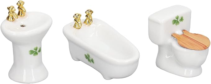 shenruifa 3Pcs Dollhouse Miniature Bathroom Set, 1:24 Ceramic Simulation Bathtub Toilet Sink Dollhouse Bathroom Furniture (4 Leaf)