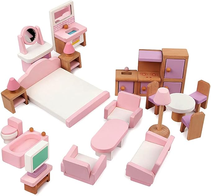 22 Pieces Wooden Mini Furniture Accessories 1:12 Scale Mini Wooden Furnishings for Mini Living Room,Kitchen,Dining Room,Bedroom,Bathroom