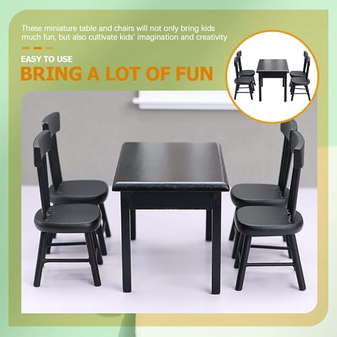 Black Chairs 5Pcs Miniature Table and Chairs, Mini Dining Table Set for 4, Doll House Black Wooden Miniature Furniture and Accessories Furniture