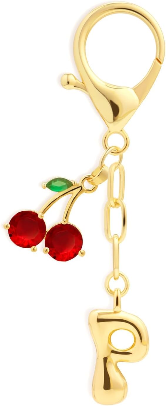 Fohufo Initial Keychains for Women - Cute Cherry Bag Charms Purse, 14K Gold Plated Keychain Accessories, Birthday Gifts