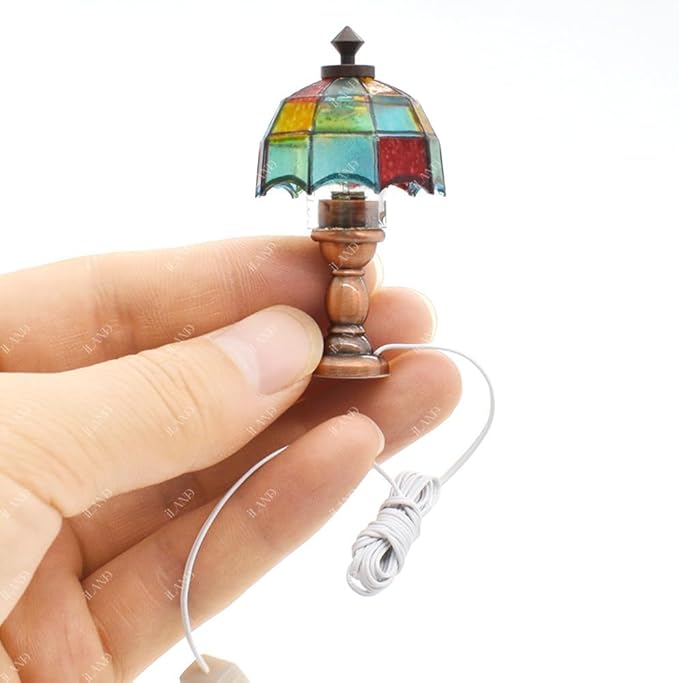 iLAND 1/12 Scale Accessories of Dollhouse Lights, Classic Miniature Lamp for Dollhouse Decoration, Beautiful Mosaic Lattice Table Lamp w/Plug