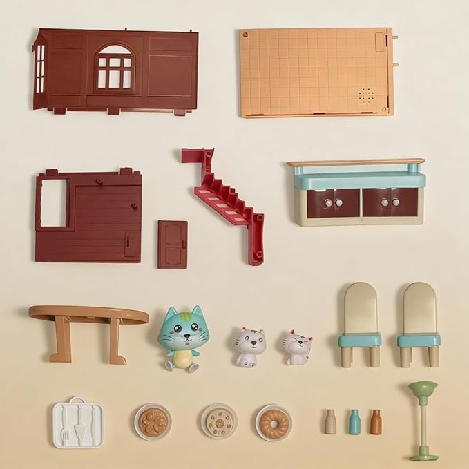 Koko's Cat Town DIY Miniature House Kit,Tiny House Cake Shop Building Kit,Dollhouse for 3 and up, Dollhouse Building Kit with Cats,Cat Toys Gift for Teens Kids Ages 3+