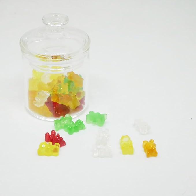 Miniature Glass Jar with 10 pcs Miniature Gummy Model, Tiny Gummy Glass Jar, Dollhouse Mini Glass Jar, 1:12 Scale, for Dollhouse Miniature, Fairy Garden, Diorama
