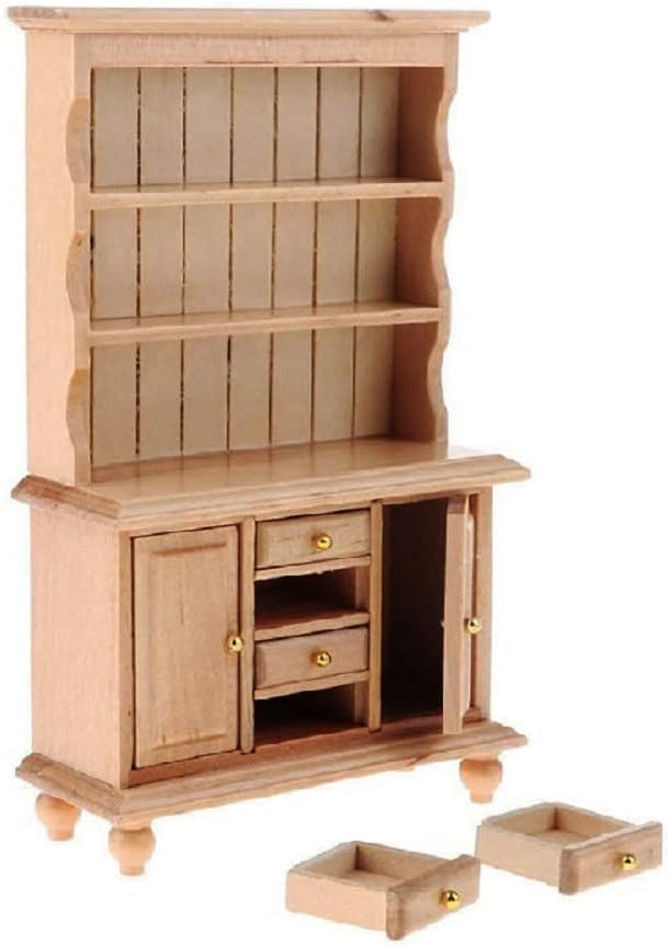 1:12 Scale Miniature Cupboard Bookshelf Classic Wooden Mini Storage Hutch Kitchen Dollhouse Bookshelf Wood Cabinet 1:12 Furniture Display Showcase Decoration Sideboard Accessories (Wood Color)